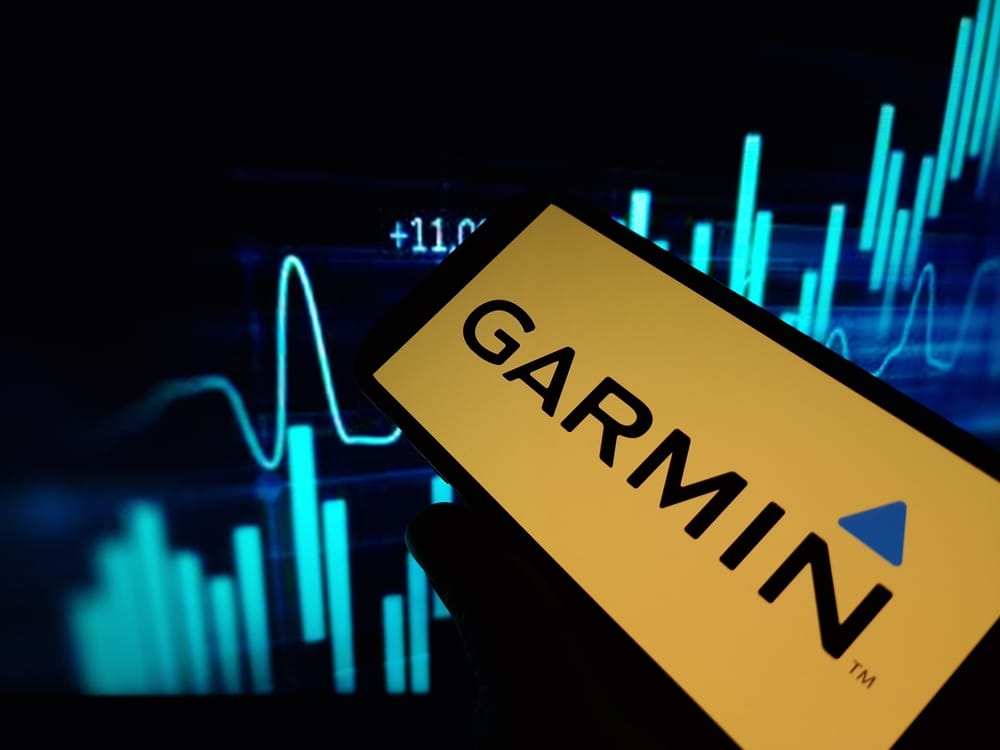 Garmin Ltd logo and stock chart-by Piotr Swat via Shutterstock
